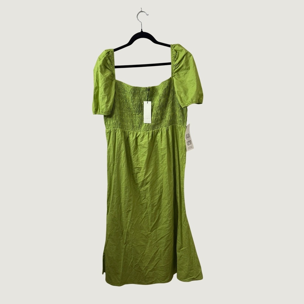 Never Fully Dressed Emma Midi Dress Green Linen Blend Smocked Puff Sleeve 16 NWT